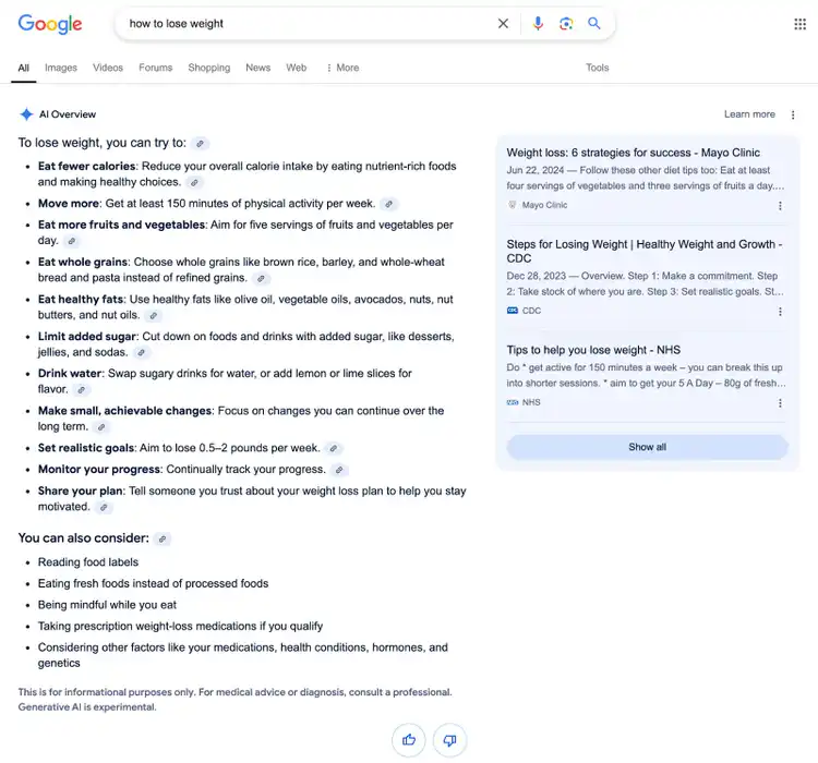 A bullet point list answers the user's question and includes sources listed to the right.