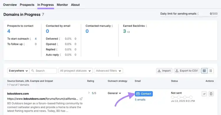 “In Progress” tab on the Link Building Tool with "Contact" next a prospect clicked.