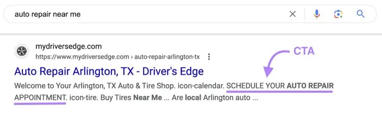 Google search result for auto repair with highlighted CTA button in meta description