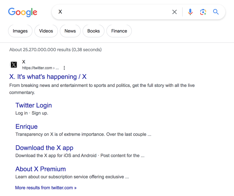 Google's result for logging in or signing up for X