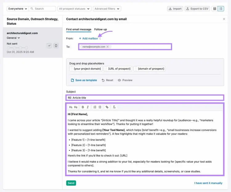 Drafting an outreach email on the Link Building tool with "+Add mailbox", the prospect's address, the subject line, and email body highlighted.
