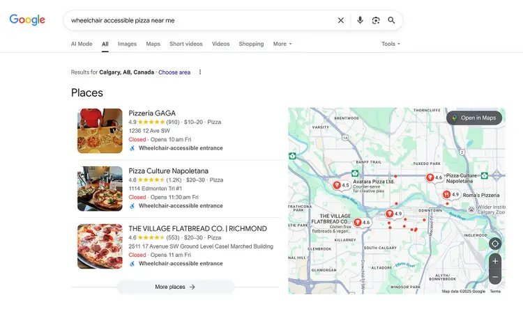 Google results for wheelchair accessible pizza with 3 listings and map pins