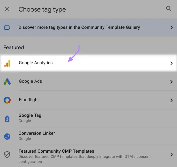 “Google Analytics” option selected under "Choose tag type" window
