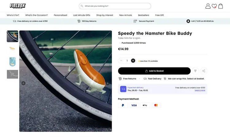 Firebox Speedy the Hamster Bike Buddy product page with price, quantity selector, and Add to Basket