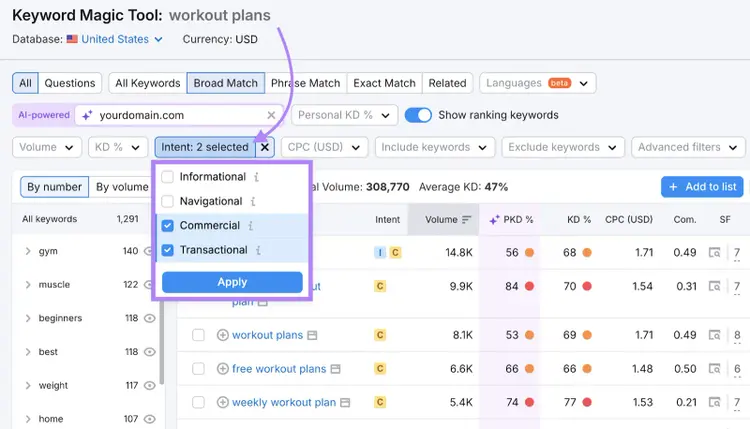 search intent filter highlighted
