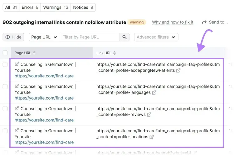 page with “902 outgoing internal links contain nofollow attribute”