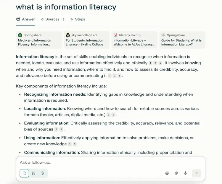 Query appears, then sources, then summary.