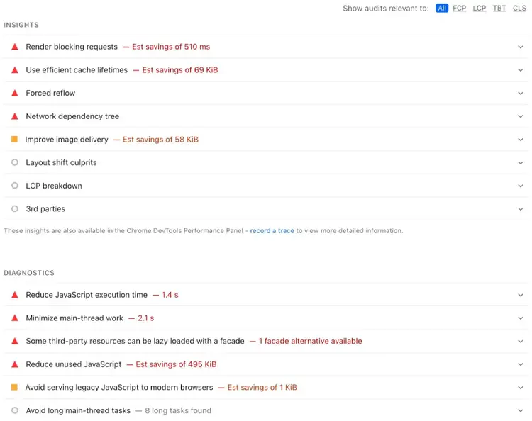 "Insights" and "Diagnostics" showing a list of elements a site can fix to improve their core web vitals and site speed.