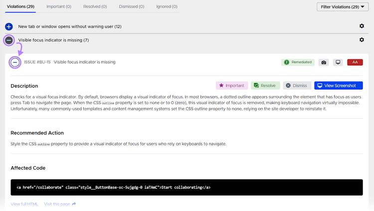 Visible focus indicator is missing violation, with the description, recommended action, and the affected code