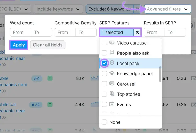 Applying a filter on the Keyword Magic Tool to only show keywords that trigger the local pack.