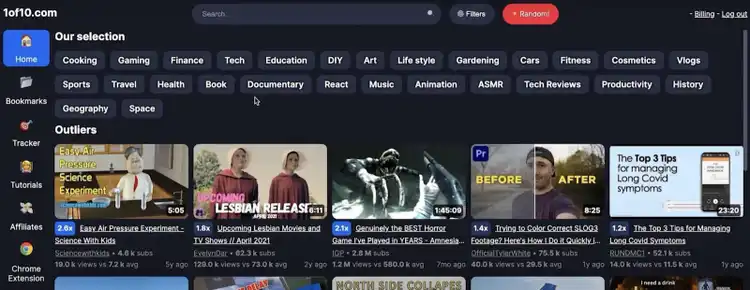 The "Home" tab on the 1of10 dashboard showing different videos along with their outlier score.