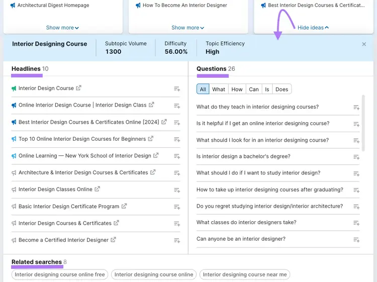 "Headlines," "Questions," and "Related searches" sections expanded for "interior designing course"