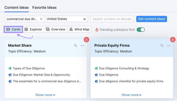 "Cards" tab in Topic Research tool