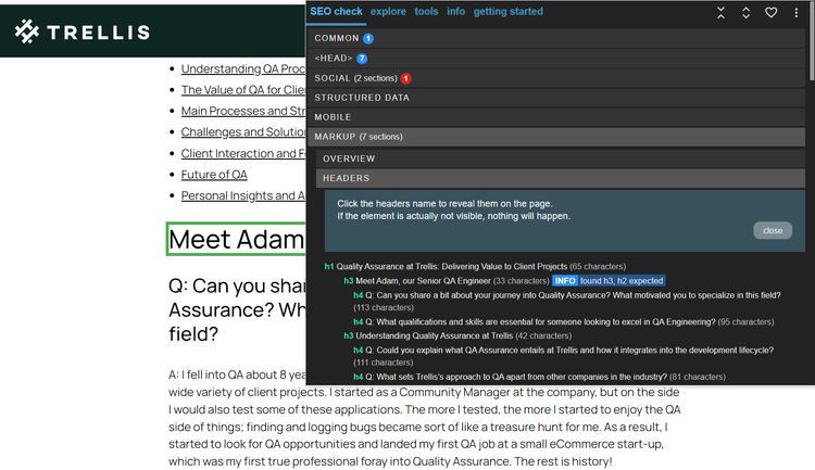 Trellis extension SEO check menu with error count indicators for page audits