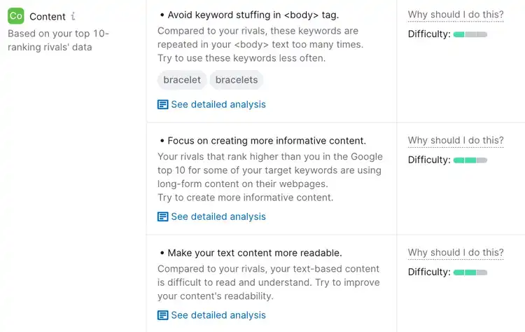 "Content" recommendations section