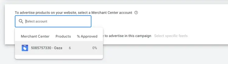 Google Merchant Center account selected