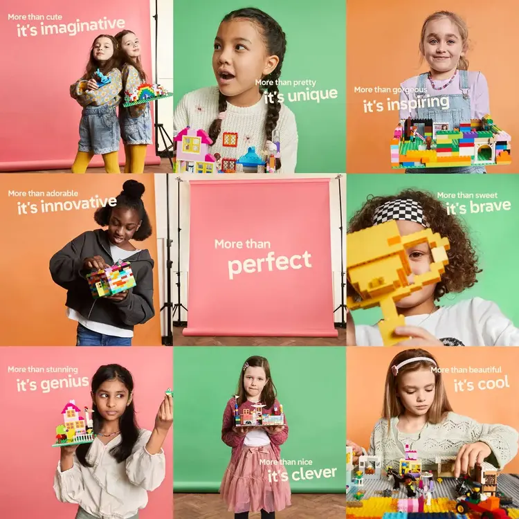 LEGO campaign grid with empowering taglines like imaginative and brave
