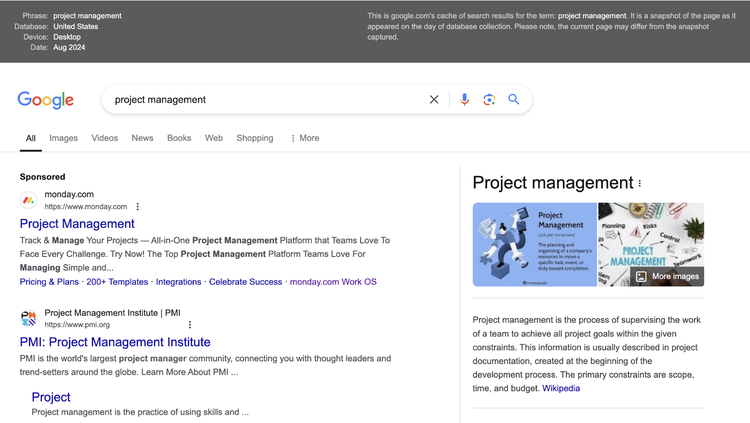 SERP opened from Semrush