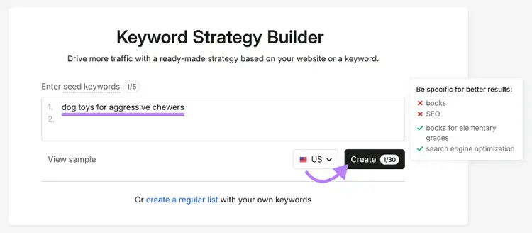 Semrush Keyword Strategy Builder with “dog toys for aggressive chewers” entered as a seed keyword to create a strategy