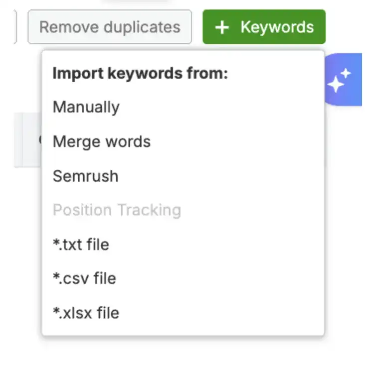 Google Ads keyword import dropdown: Manually, Merge words, Semrush, Position Tracking, .txt, .csv, .xlsx files