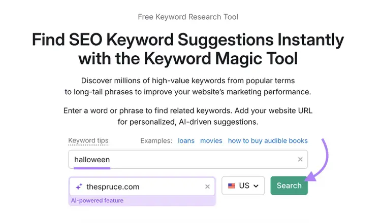 Keyword and domain are entered.