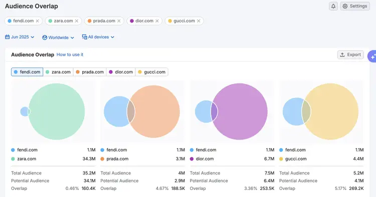 Audience Overlap dashboard showing overlapping circles visualization for five luxury fashion brands