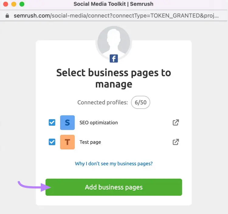"Select business pages to manage" window