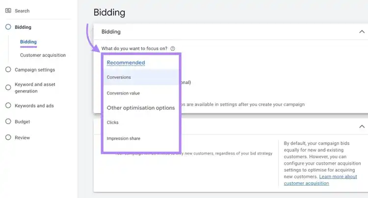 Bidding settings on Google Ads with options to focus on conversions, conversion value, clicks, or impression share.