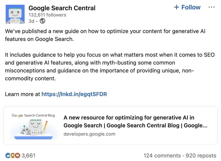 A LinkedIn post by Google Search Central talking about their new guide on how to optimize content for generative AI features.