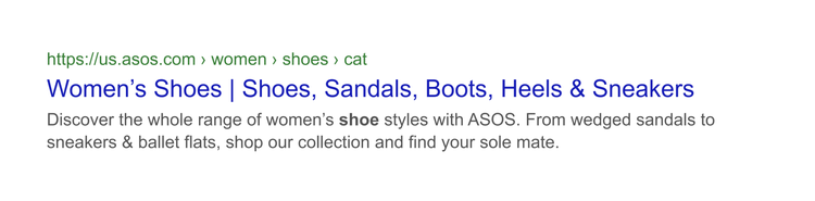 Google search result from ASOS for women's shoes with product description