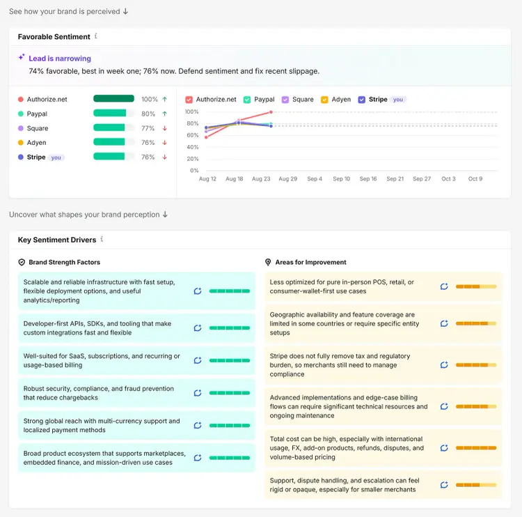 Semrush brand perception report showing Stripe sentiment, brand strengths, and areas for improvement