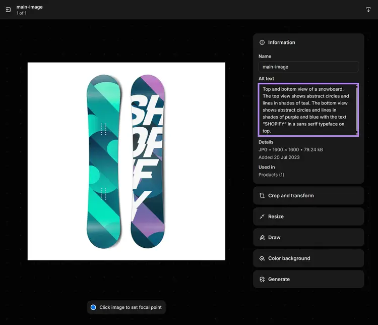 Shopify product image editor showing two snowboard views and the alt text editor box highlighted.