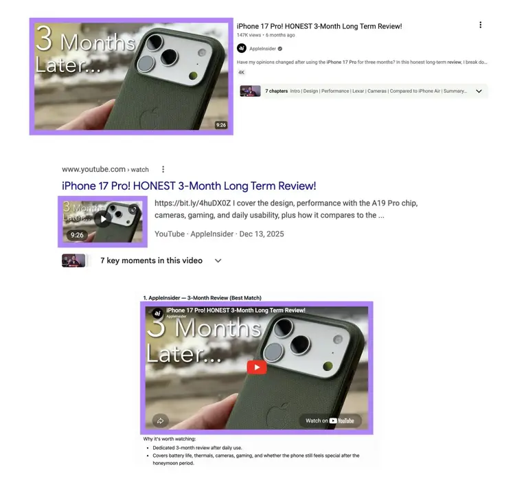 How a YouTube video thumbnail appears on YouTube, Google, and ChatGPT.