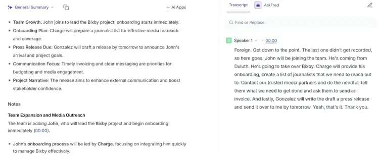 Fireflies interface showing the summary of a meeting along with key notes on the left and a transcript of the whole meeting on the right.