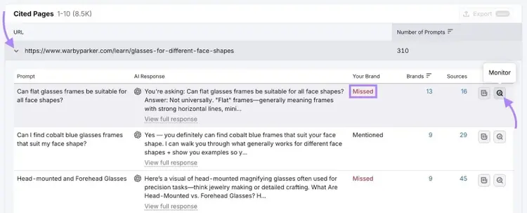 A URL expanded on the Cited Pages report and "Monitor" clicked to track a missed brand mention.