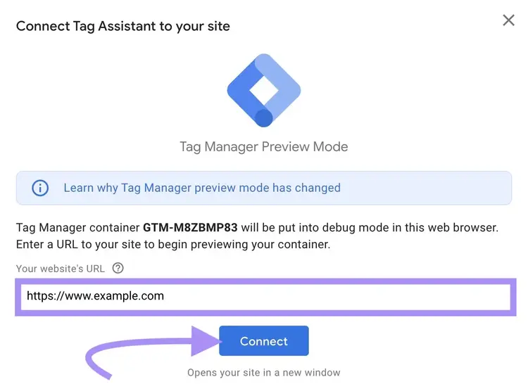 "Connect Tag Assistant to your site" window