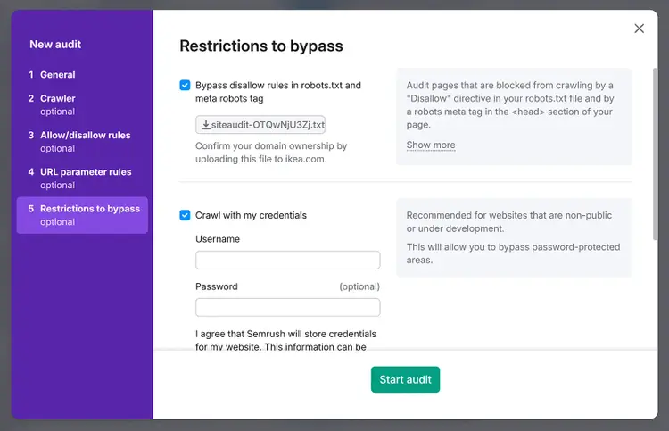 Site Audit settings with “Restrictions to bypass” and crawl with credentials options enabled.