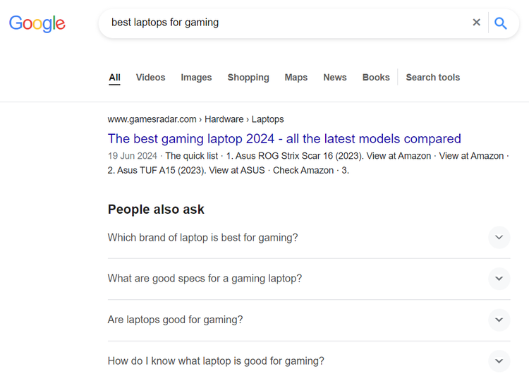 Google search results for best laptops for gaming with People Also Ask section