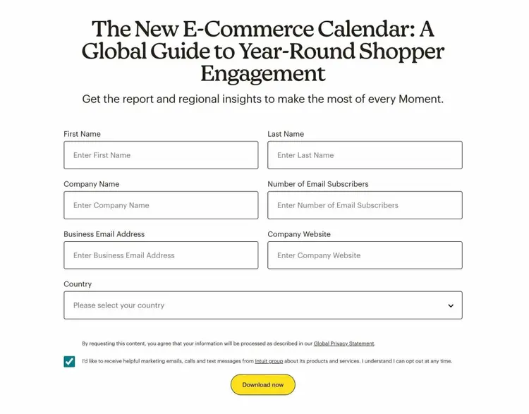 A signup form for a free resource on a landing page by Mailchimp.
