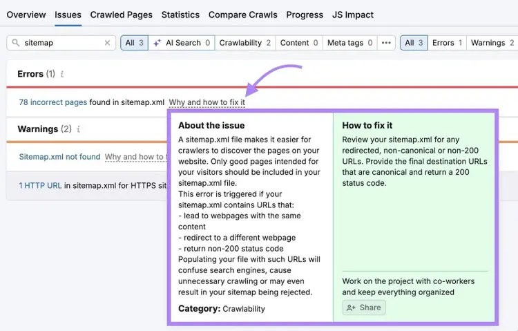 The "Issues" tab on Site Audit with "Why and how to fix it" clicked next to a sitemap error.