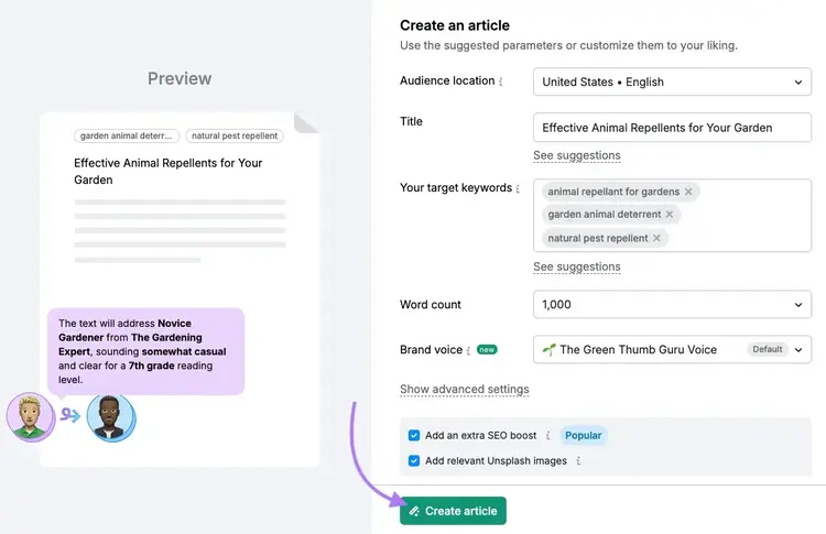 Create article form with Effective Animal Repellents title and settings