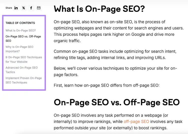 The table of contents for a blog post shows H2s and H3s that answer searchers' intent.