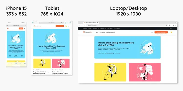 Responsive design showing how the same page can be optimized for different devices like an iPhone, tablet, and laptop/desktop.