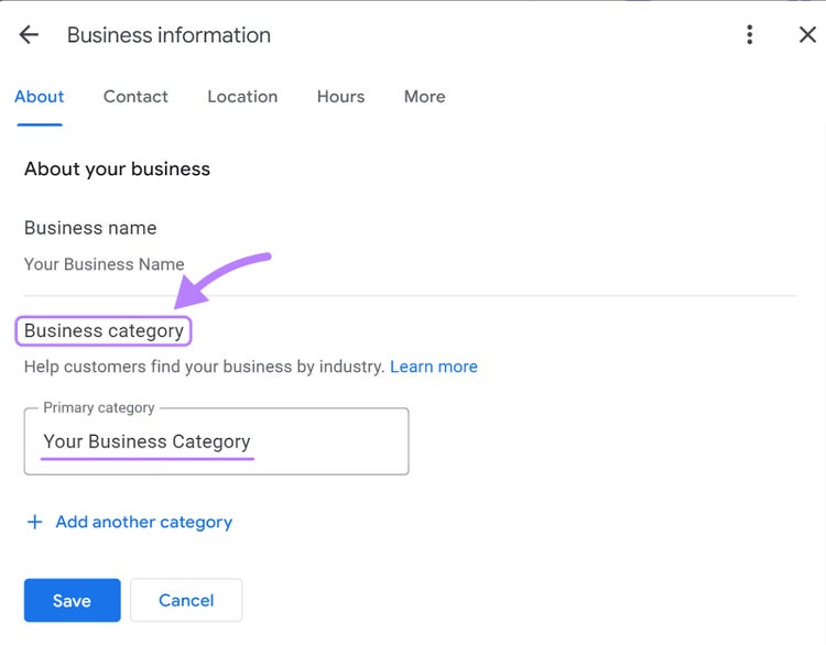 "Business category" section highlighted under "Business information" page