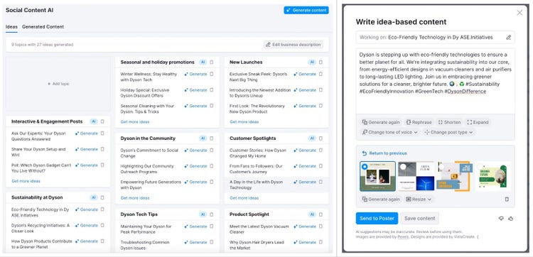 Social Content AI showing content categories (promotions, launches, engagement posts) with generation dialog.