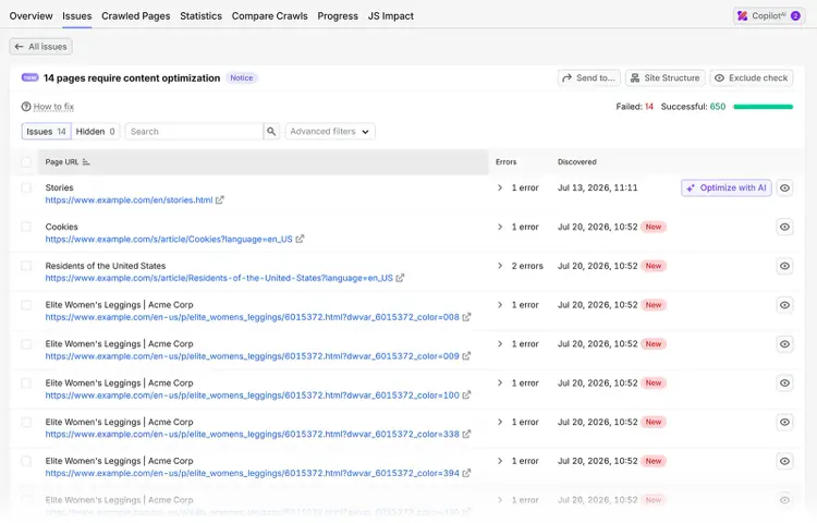 Semrush Site Audit report listing 14 pages that require content optimization