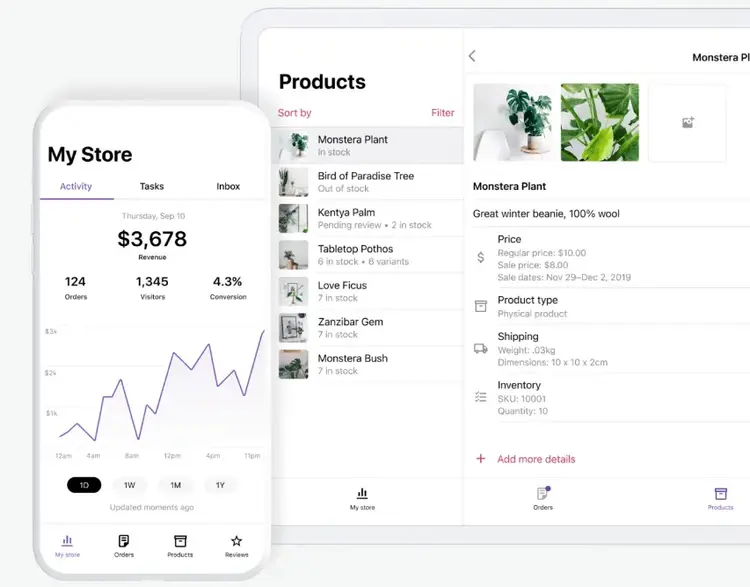 WooCommerce mobile app dashboard showing sales revenue and product inventory