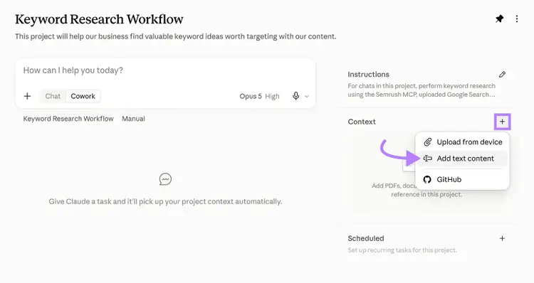Claude project Context menu with Add text content selected for adding business information to the keyword research workflow
