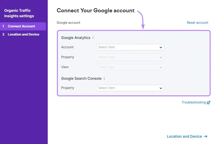 "Connect Your Google account" window in Organic Traffic Insights settings