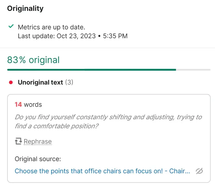 "Originality" section in SEO Writing Assistant tool